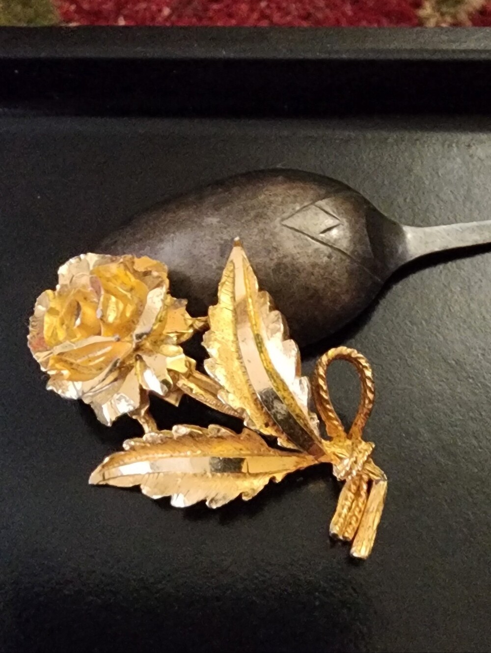 Vintage CORO Gold Tone Carved Metal Floral Rose Brooch Pin